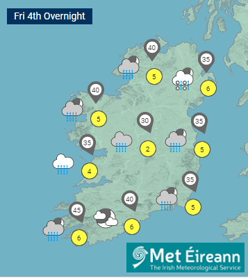 MetEireann's tweet photo. A cold day with rain becoming widespread. Strong northerly winds will develop with temperatures of just 3 to 5 degrees in the afternoon.

For our National forecast and outlook:
https://t.co/9gKN6SVok4 https://t.co/6uGWAyf73x