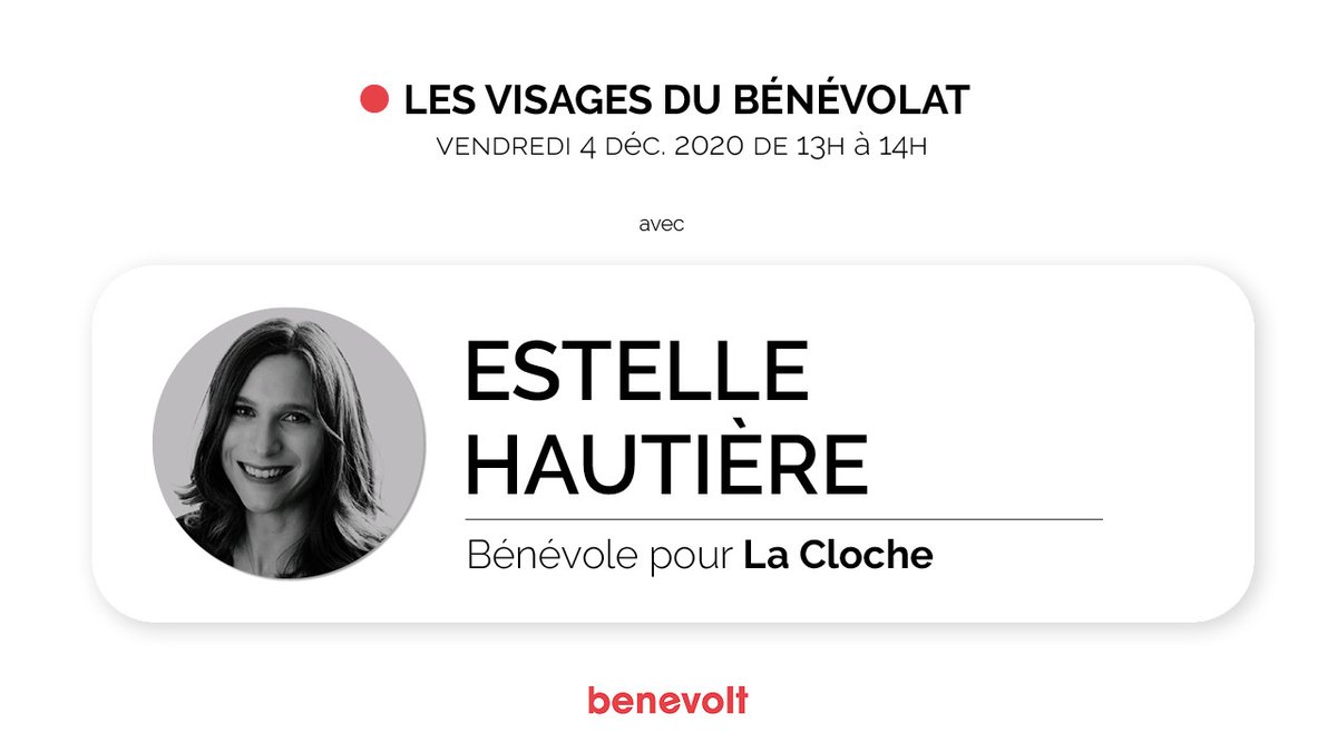 On se retrouve tout de suite avec Estelle Hautière, première intervenante du webinaire #lesvisagesdubénévolat. 
Elle va partager avec nous les raisons de son engagement envers @laClocheAsso 🔔
#journéemondialedubénévolat
C'est par içi ➡️ benevo.lt/Live