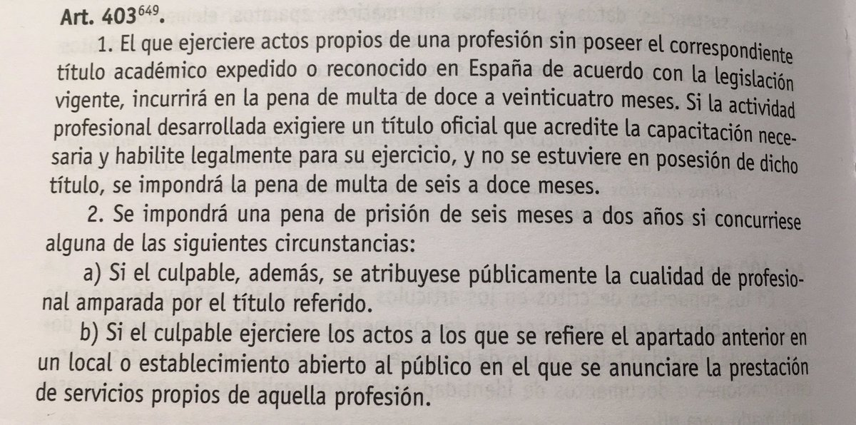 <a href="/javiayucar/">Javier Ruiz-Ayúcar</a> <a href="/RadioCentroAv/">Radio Centro</a> <a href="/RealAvilaCF/">Real Ávila CF</a> <a href="/CyLalTanto/">🇵🇸🔻Castilla y León al tanto🖤M.J.L.Z.🖤🇵🇸🇺🇦</a> <a href="/Carlos_Lines/">Carlos González Bellette</a> @LopezCarlosCs <a href="/deportesavila/">Deportes Ávila</a> <a href="/AlbarranFut/">DeportesAlbarran</a> <a href="/gredosdaniel/">SOLES DE GREDOS</a> <a href="/Avila_CyL/">ÁVILA (Spain) ✨🎄</a> <a href="/ForoNoficial/">#vamosavila</a> Tenéis toda la razón Javi
LO 10/1995, de 23 de noviembre, Código Penal
Título XVIII De las falsedades
Capítulo V De la usurpación de funciones públicas y del intrusismo
Art. 403