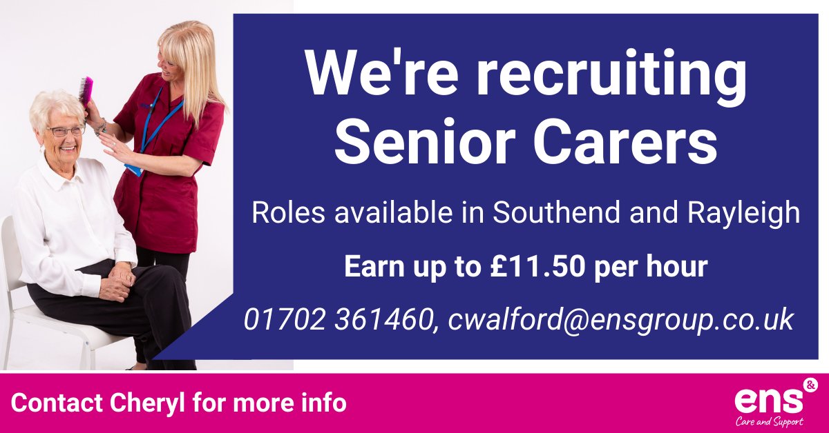 We need experienced #SeniorCarers to provide outstanding #support in a number of areas from #Southend to #Rayleigh. You must have an NVQ 3 in Health & Social Care and previous experience administering medicine. 

Earn up to £11.50 an hour and apply today: ensrecruitment.co.uk/view-job.asp?j…