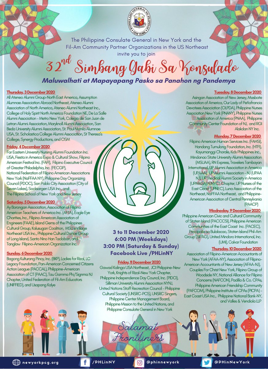 AlmaAvanzado's tweet photo. TONIGHT at 6:00 pm EST - Dec 4 is the 2nd Night of Simbang Gabi sa Konsulado. We are inviting you to join us on a virtual mass hosted by the Philippine Consulate of New York. San Pablo City Association is among the participating sponsors.
 
YOUTUBE:
https://t.co/0aYmGh6Huc https://t.co/ZePQ7LFQdM