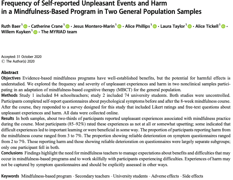 WillemKuyken's tweet photo. "First do no harm."
Paper published form our group today based on #Mindfulness-based programs with two general population samples.
Open access => https://t.co/qL2ZzPqNPq
https://t.co/V7LMSnLLbv
#myriadproject https://t.co/I61Fc888os