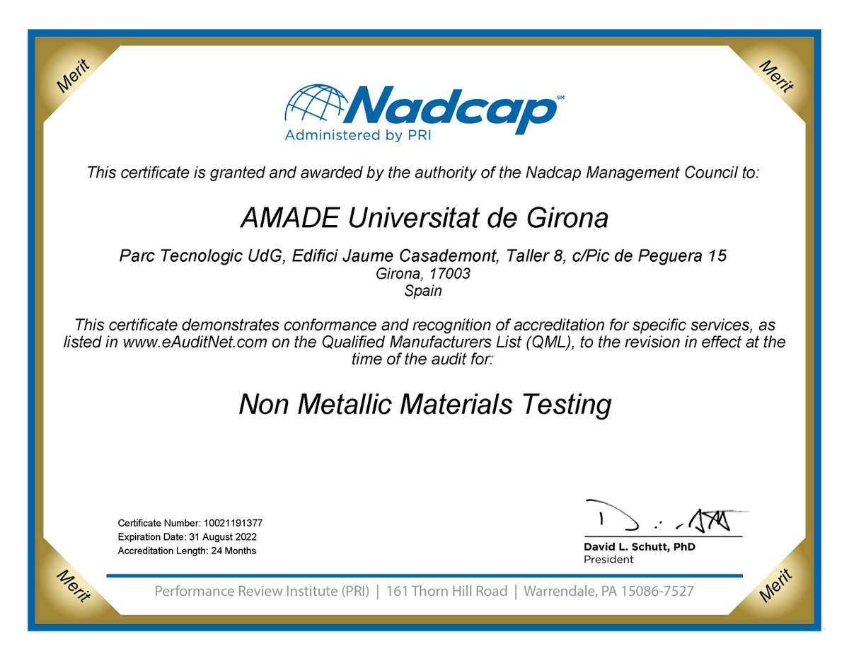 We are glad to announce that AMADE has been accredited with merits for Non Metallic Materials Testing by the Nadcap Management Council for two more years! <a href="/PRINadcap/">PRI / Nadcap</a> <a href="/amade_udg/">AMADE - UdG</a> <a href="/UdGPolitecnica/">Escola Politècnica Superior #50EPS</a>