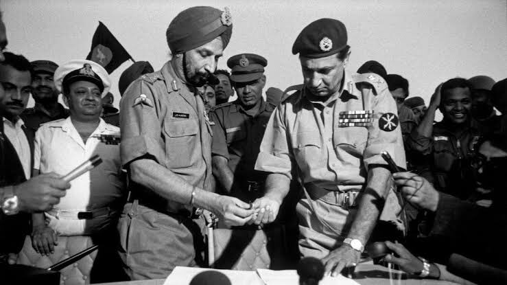 General Niazi signed the document without bothering to read it. He was in tears. The two men did not speak to each other. General Aurora signed the document on behalf of the Indian Army, accepting the surrender of 90,000 officers and men. The biggest surrender in history.