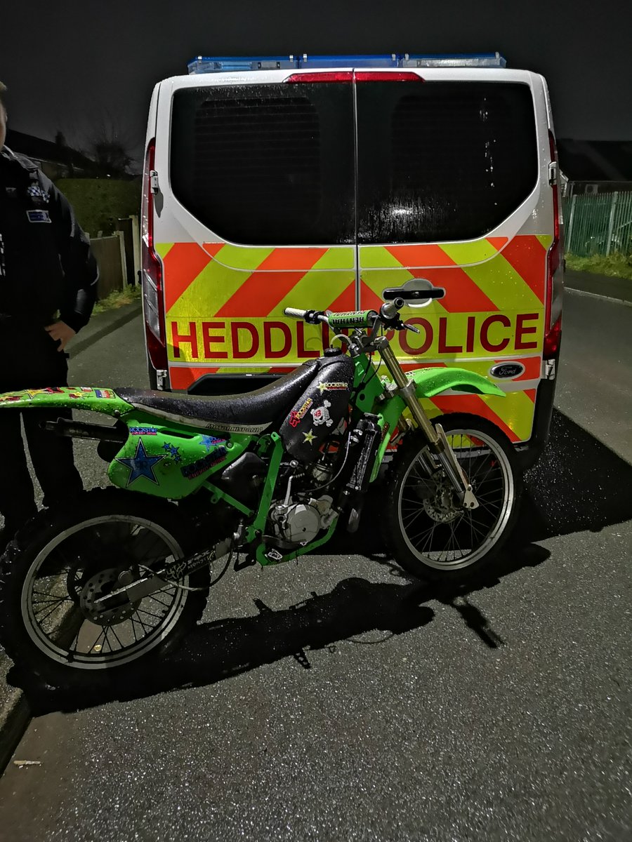 NWPWrexhamTown's tweet photo. PCSOs Lloyd and Perry were on foot patrol in Y Wern last night when they found this bike being pushed by a group of youths. When approached by officers they abandoned the bike and ran away. The bike has now been seized. #ReducingASB #StoppingNoiseNuisance https://t.co/P1FtBKQQoc