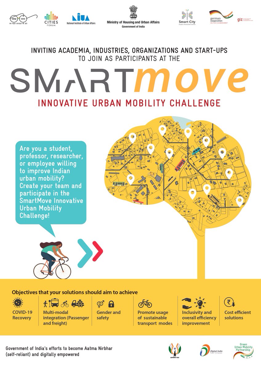 Inviting Academia, Industry professionals, Organizations and Startups to participate in the #SmartMove: Innovative Urban Mobility Challenge. Visit smartmove.niua.org/#/ for more details.

#Urbanmobility #Mobilitydata #Data #Innovation #Mobilitysolutions #Transportsolutions