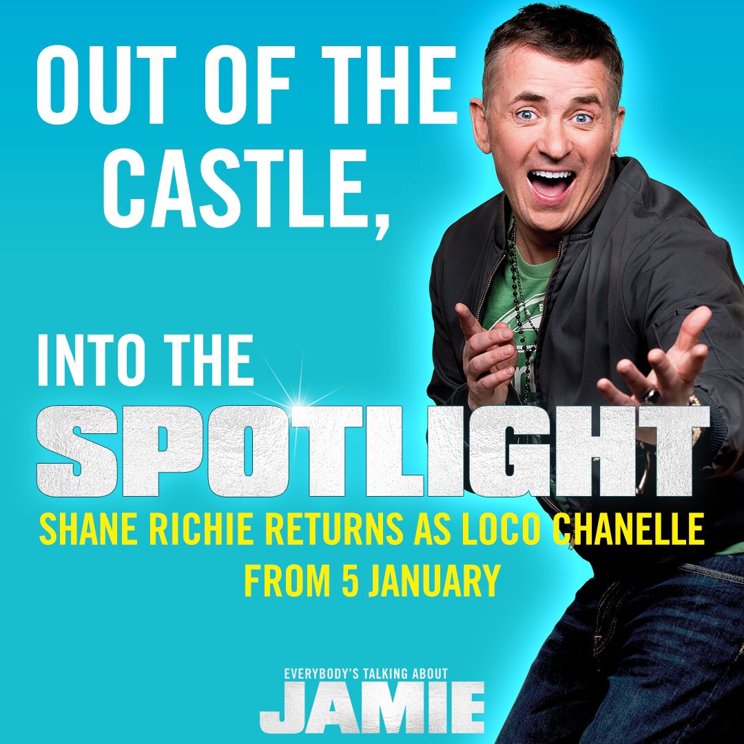 JamieMusical's tweet photo. Out of the castle, back into the spotlight! Well done @realshanerichie and we are thrilled you will be rejoining us at the Apollo Theatre as Hugo/Loco Chanelle from 5 January! #JamieLondon #ImACeleb https://t.co/1AO6v5H0ih