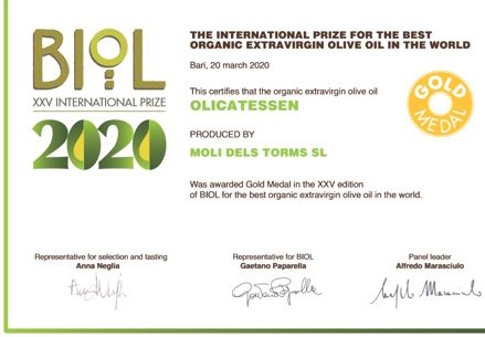 🥇Medalla d’Or al Concurs Internacional BIOL per Olicatessen en la 25a edició🥇

➡️El concurs BIOL promou la qualitat de l’oli d’oliva verge extra ecològic.

Estem molt contents amb aquesta notícia i amb ganes de treballar per seguir oferint un producte d'alta qualitat.🎉