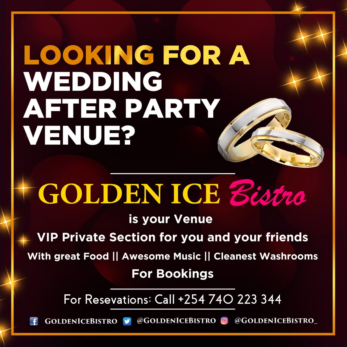 chriskirwa's tweet photo. Looking for Wedding After Party VIP Experience ?
Check out @goldenicebistro_ 
Lighting
Ambiance 
Cleanest washrooms in Nairobi 
Great music 
Call ☎️ +254 740 223 344
book &amp;  Suprise your guests 

#BestClubInNairobi @IceBistro https://t.co/DfUMp8BgXB