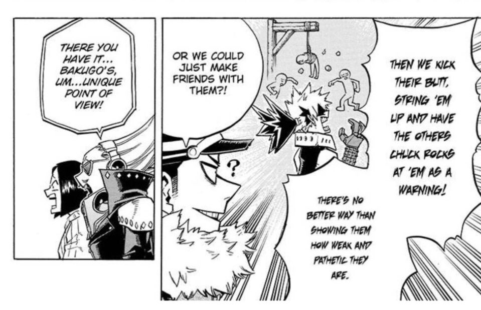 A lot of people are misunderstanding Bakugo’s character bcs of this chapter and these panels, thinking that he has a/busive tendency towards children because how he was raised, but ignoring the context the WHOLE chapter and arc.