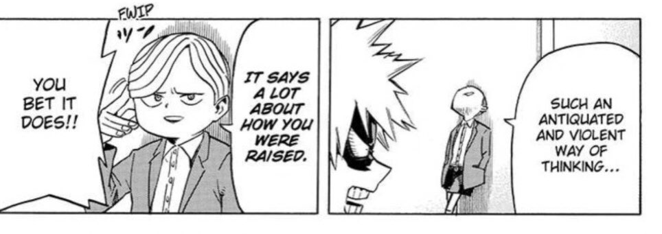 A lot of people are misunderstanding Bakugo’s character bcs of this chapter and these panels, thinking that he has a/busive tendency towards children because how he was raised, but ignoring the context the WHOLE chapter and arc.