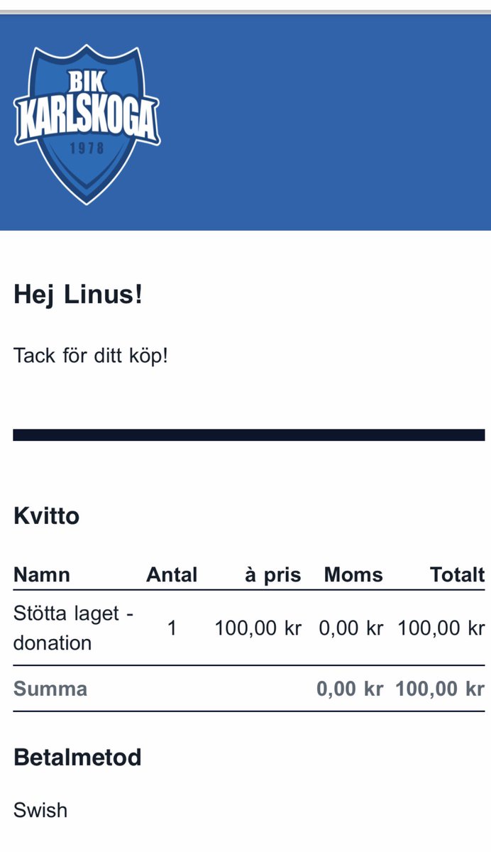 Tack <a href="/Torimmo/">Tor Eriksson Immo</a>! Självklart stöttar jag <a href="/BIK_Karlskoga/">Bofors IK Karlskoga</a>, jag utmanar <a href="/alasaaari/">Jesper Alasaari</a> <a href="/theresee75/">Therese Karlsson</a> <a href="/KleinSimon99/">Simon Klein</a> att köpa en soffbilljet till morgondagens match!