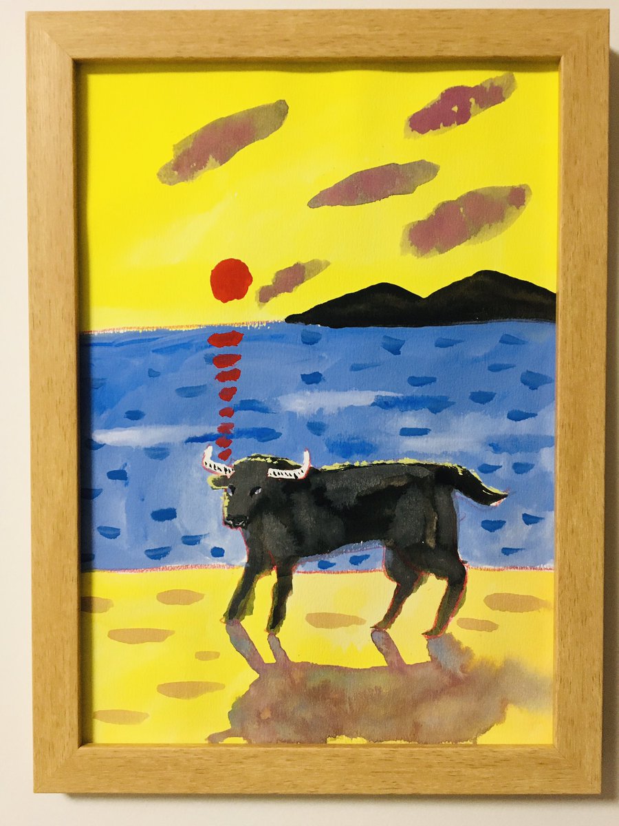 Lioncider 朝日を望む 海と牛 海と牛 Illustration Drawing Bull Sea Sun Newyear Morning Yellow Image Art Colorful Acrylicpaint Picture Painting イラスト アート アクリルガッシュ 絵の具 ドローイング 絵