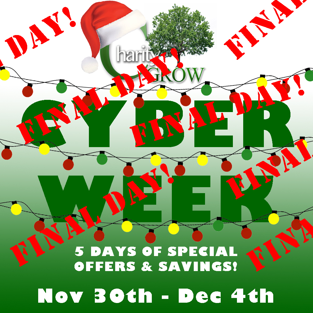 Today is your last chance to save on auction items from <a href="/CharityGrow/">Charity Grow</a>!

Our annual sale ENDS TONIGHT AT MIDNIGHT EASTERN TIME! Visit CharityGrow.com/CYBER20 now, before the deals are gone!

#blackfriday #cybermonday #cyberweek