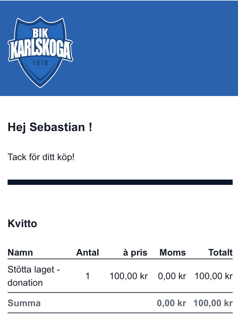 Tack <a href="/Torimmo/">Tor Eriksson Immo</a> för utmaningen💪🏼 

Klart vi ska vara med och stötta! 
Vidare vill jag utmana <a href="/robincsson/">Robin Carlsson Tillström</a> <a href="/TimJuel/">Tim Juel</a> och <a href="/alasaaari/">Jesper Alasaari</a> att göra detsamma och stötta <a href="/BIK_Karlskoga/">Bofors IK Karlskoga</a> med en soffbiljett eller två🤩