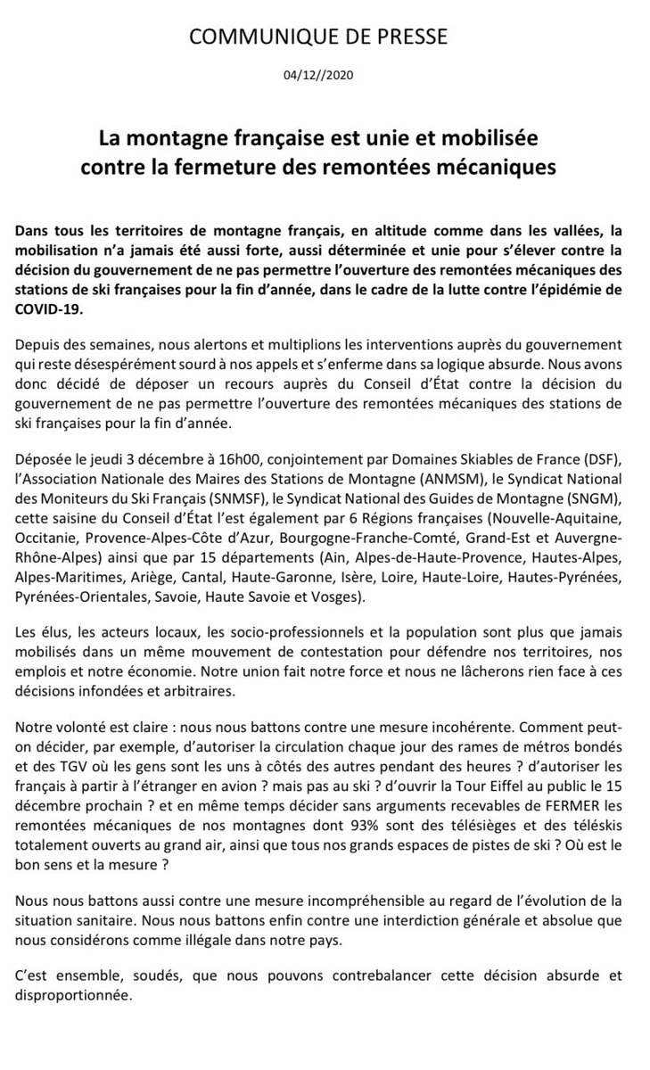 La #montagne unit ses forces et dépose un référé liberté au Conseil d’Etat contre la fermeture des  Remontées Mécaniques
<a href="/anmsm/">ANMSM</a> <a href="/esf_officiel/">𝗲𝘀𝗳</a> <a href="/auvergnerhalpes/">Auvergne-Rhône-Alpes</a> <a href="/Dep_74/">Département de la Haute-Savoie</a> <a href="/SavoieDepart/">Savoie Département</a> <a href="/alpes_ishere/">Isère Attractivité</a> <a href="/hautesalpes/">Hautes Alpes</a> <a href="/Occitanie/">Région Occitanie</a> <a href="/MaRegionSud/">Région Sud</a>