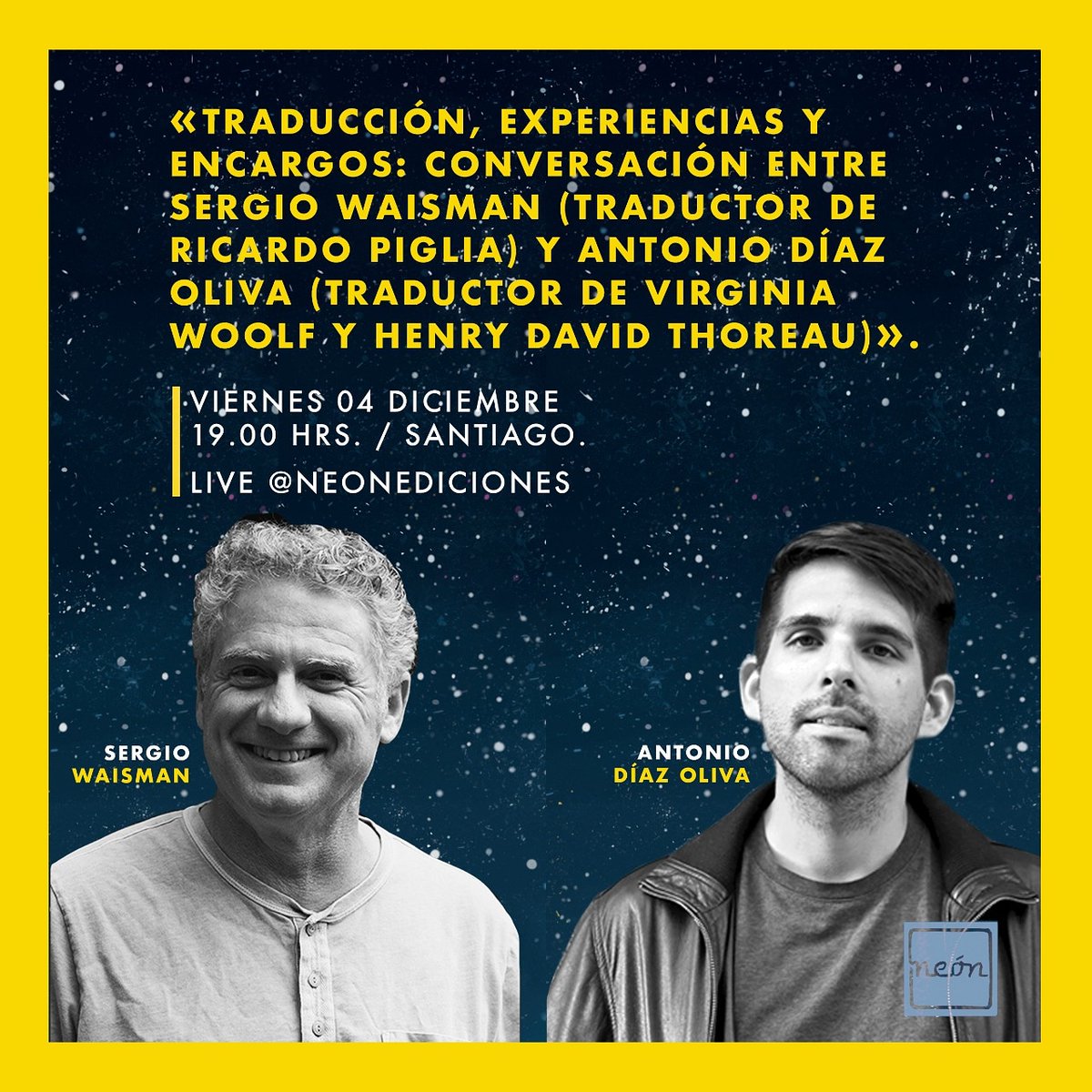 ✨Lxs dejamos invitadxs al Instagram Live entre Sergio Waisman autor de "El encargo" y <a href="/TheAntonioAdo/">ADO</a> 
Estos dos grandes estarán hablando sobre traducción y ficción. 
✨Hoy, viernes 4 de diciembre a las 19.00 hrs/Santiago. En nuestros perfil de Instagram:
¡LOS ESPERAMOS
