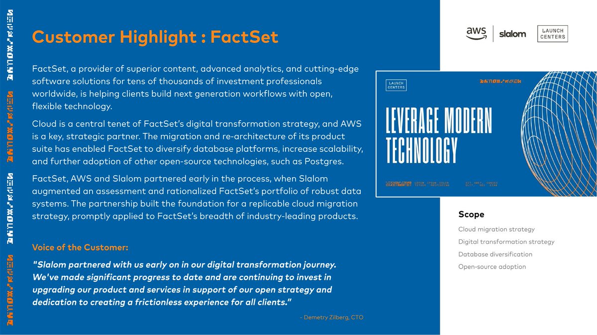 SlalomCLT's tweet image. Factsheet creates flexible, open data and software solutions for tens of thousands of investment professionals around the world. Read how Slalom and AWS helped them built a foundation for a replicable cloud migration strategy.
