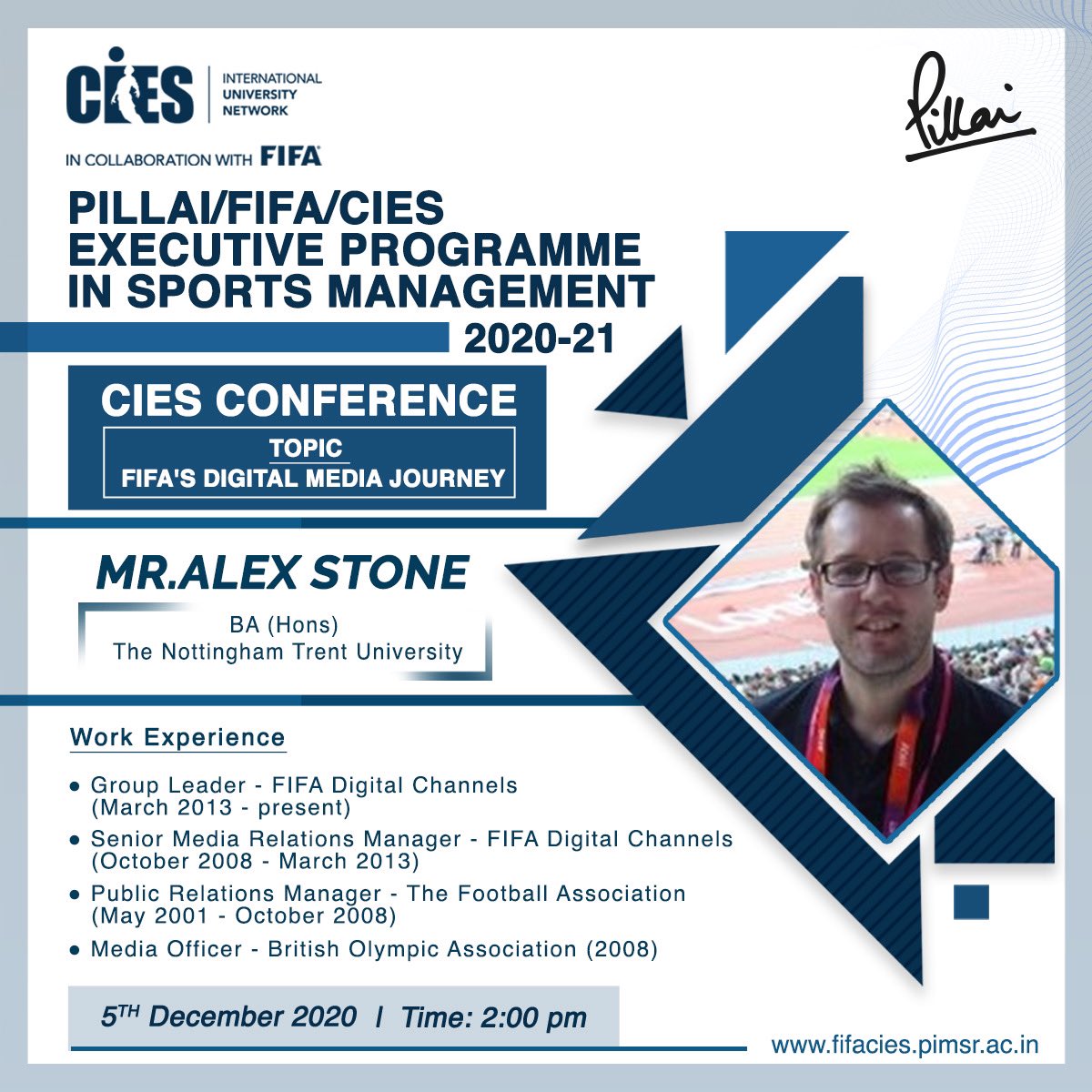 We are extremely pleased to announce that Mr. Alex Stone , Head of FIFA's Digital Channels will be the expert speaker for the 2nd CIES Conference this year on 5th December 2 pm. 
He will provide an overview of FIFA's Digital Journey from 2013 to present during his session.