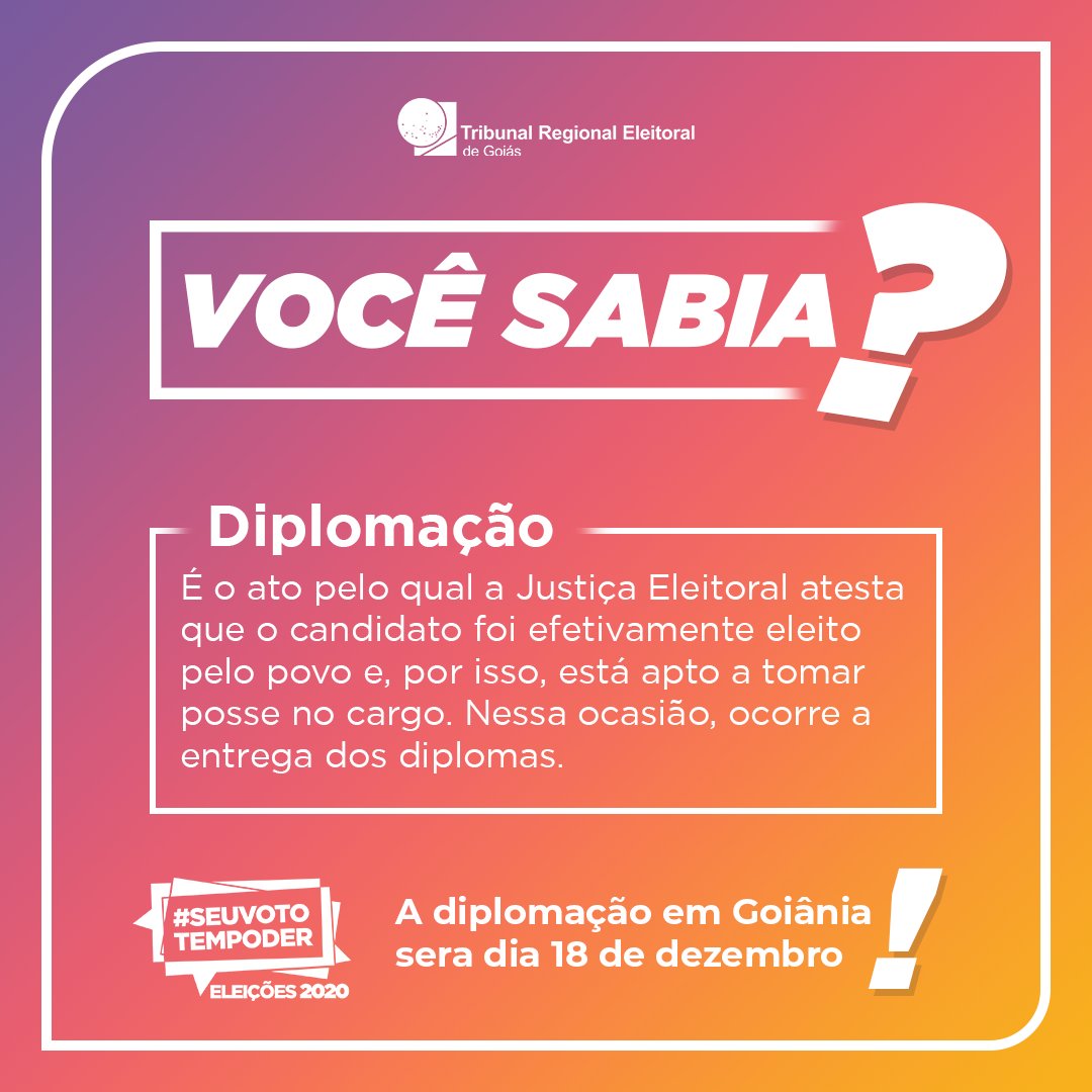 TREGoias's tweet photo. A cerimônia de diplomação dos candidatos eleitos em 2020 será realizada de forma virtual. Em Goiânia ela acontecerá às 10h do dia 18 de dezembro e será transmitida pelo Canal do TRE/GO no YouTube (canaltrego)
#SeuVotoTemPoder #Eleiçoes2020
#JustiçaEleitoral https://t.co/CCfegH5P7A