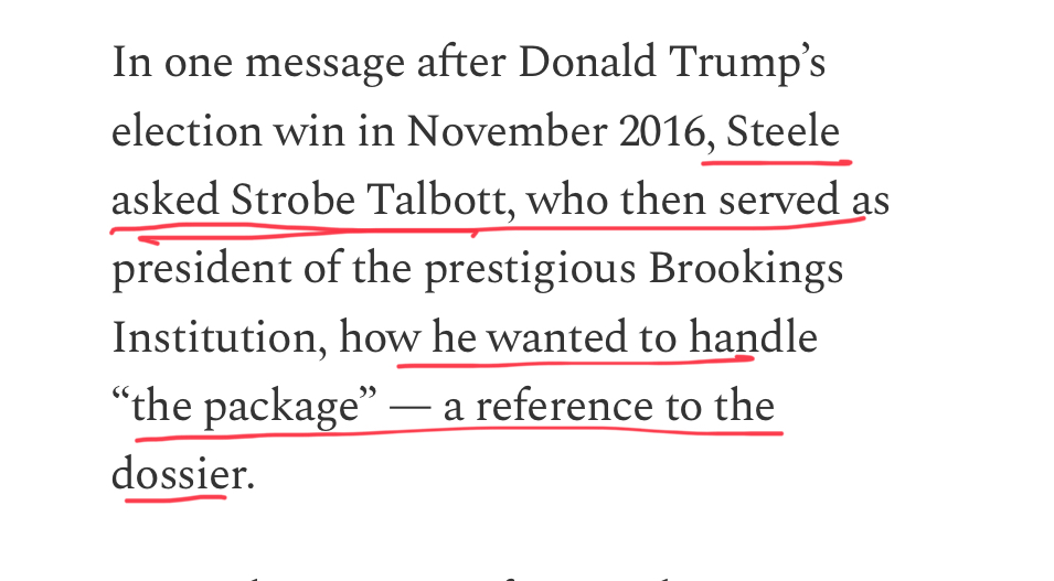 After the 2016 election, Steele turned to Talbott for how to proceed nextSteele wasn’t running Talbott. Talbott was running Steele https://dailycaller.com/2020/07/21/christopher-steele-defamation-dossier-trial/