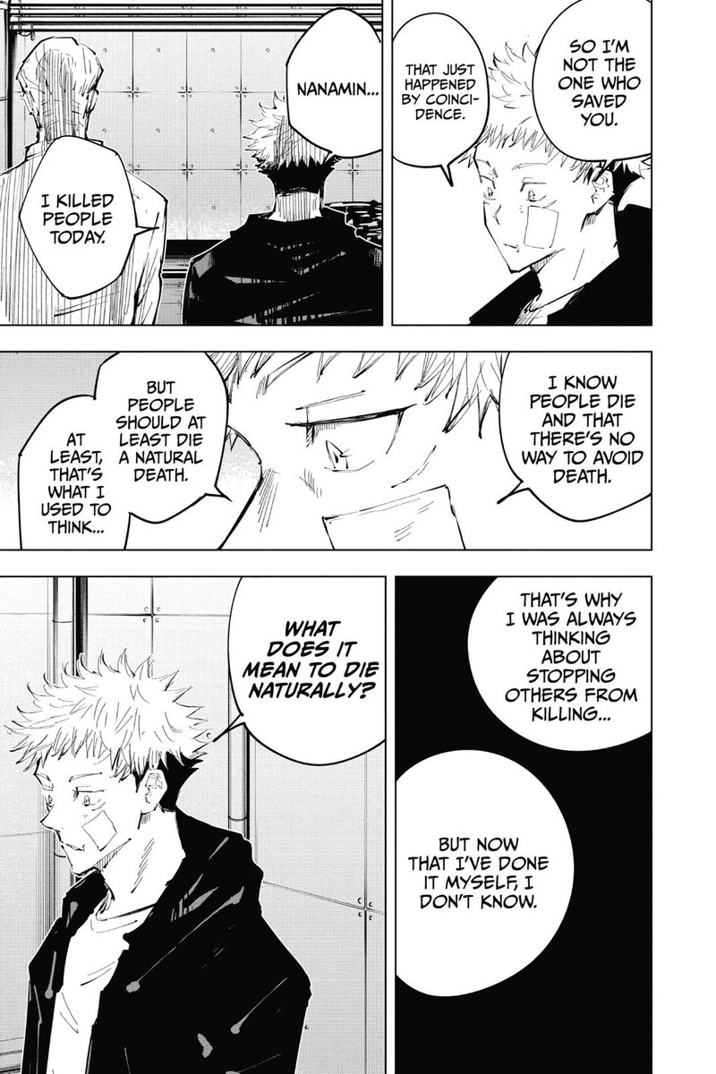 Young Fish & Reverse Retribution arc establishes that Jujutsu Kaisen as a story will be unfair & unforgiving, and for it's characters to survive, they need to look past conventional moral grounds and be able to find enough meaning and purpose to steel themselves for the brutality