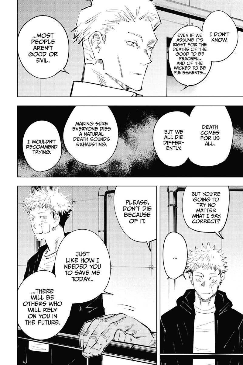 Young Fish & Reverse Retribution arc establishes that Jujutsu Kaisen as a story will be unfair & unforgiving, and for it's characters to survive, they need to look past conventional moral grounds and be able to find enough meaning and purpose to steel themselves for the brutality