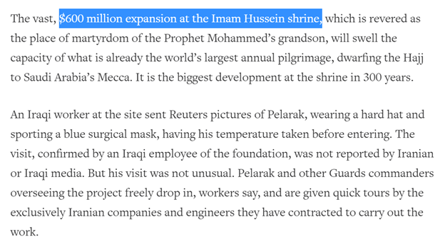 2)Iran’s regime does have money. Just not for the Iranian people.More projects in Iraq worth hundreds of millions in several Iraqi cities:-$650 million contract in 2015-$600 million project in Karbala-$500 million expansion project in Najaf-Others in Baghdad & Samarra