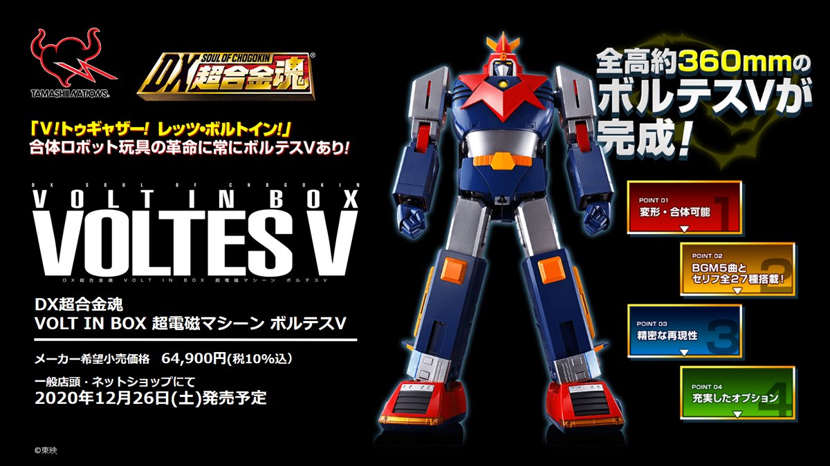 魂ネイションズ公式 魂フィ No Twitter 生スパチャン なう 今回の関連商品情報コーナーでご紹介いただくのは 出た 超大物 12月26日 土 店頭発売予定の Dx超合金魂 Volt In Box 超電磁マシーン ボルテスv です 配信で実物をチェック T Co