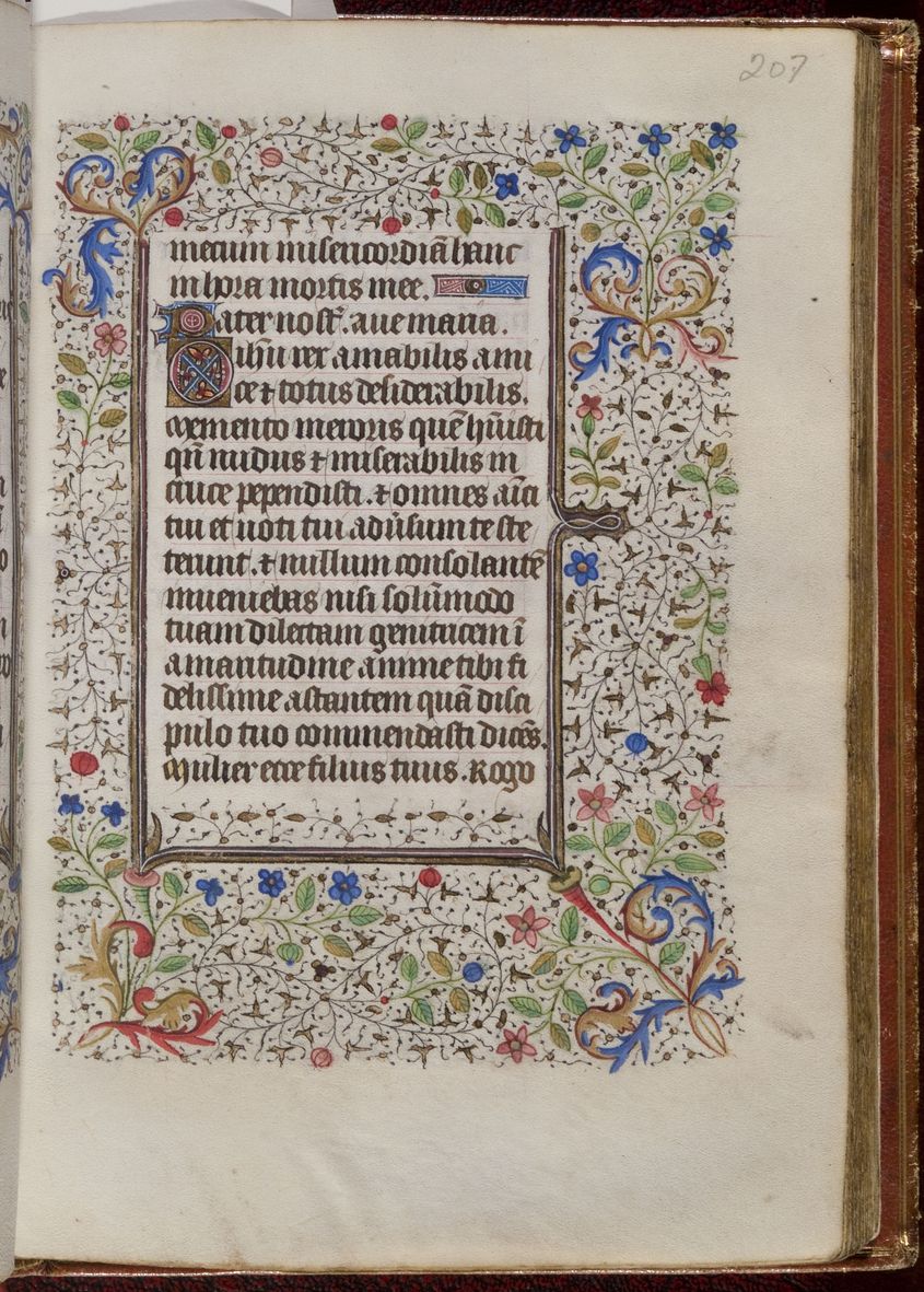 To give an idea of how miniature these miniatures are, the folios measure about 230mm by 160mm but the ruled text only takes up 104mm by 67mm. The rest of the page is taken over by elaborate borders of flowers and foliage.  #BookofHours