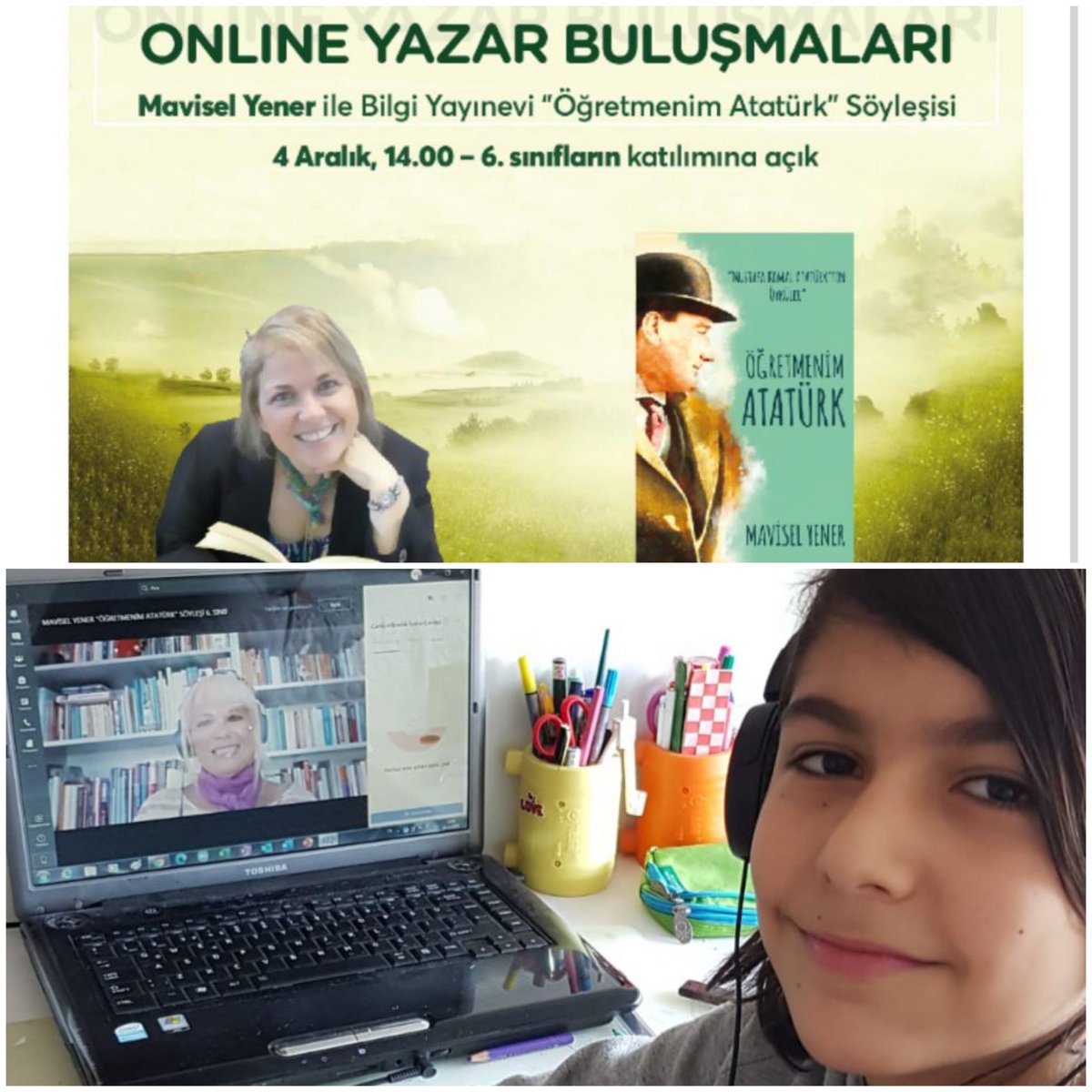 "Online Yazar Bulusmalari"devam ediyor! 6.sinif ogrencilerimiz "Öğretnenim Atatürk" kitabinin yazari Mavisel Yener ile bir araya geldiler.<a href="/DogaOkullari/">Doğa Koleji</a> <a href="/nurhansutlass/">Dr. Nurhan Sütlaş</a> <a href="/cigdemmolla/">Dr. Çiğdem Mollaibrahimoğlu</a>
