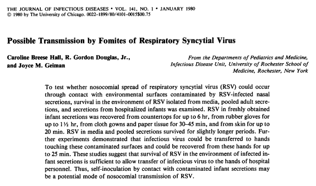 18/ 1980 Hall Possible fomite of RSV.Studied how long recovered RSV. Note 20 minutes on hands (/skin?).