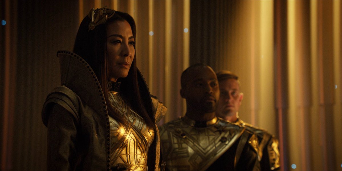 4. For example, the Klingon and Terran empires share a lot of gold/yellow accent colours, which contrasts with the blue of the Discovery's corridors and uniforms. In design language terms, this serves the plot by visually unifying the season's antagonists against the Discovery.