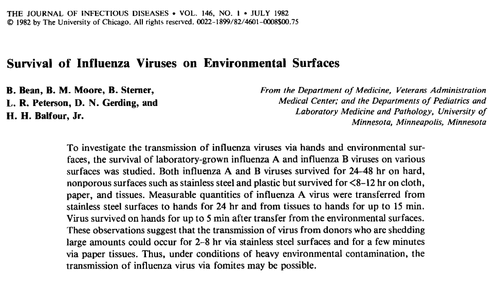 26/ 1982 Bean"under conditions of heavy environmental contamination, the transmission of influenza virus via fomites may occur"