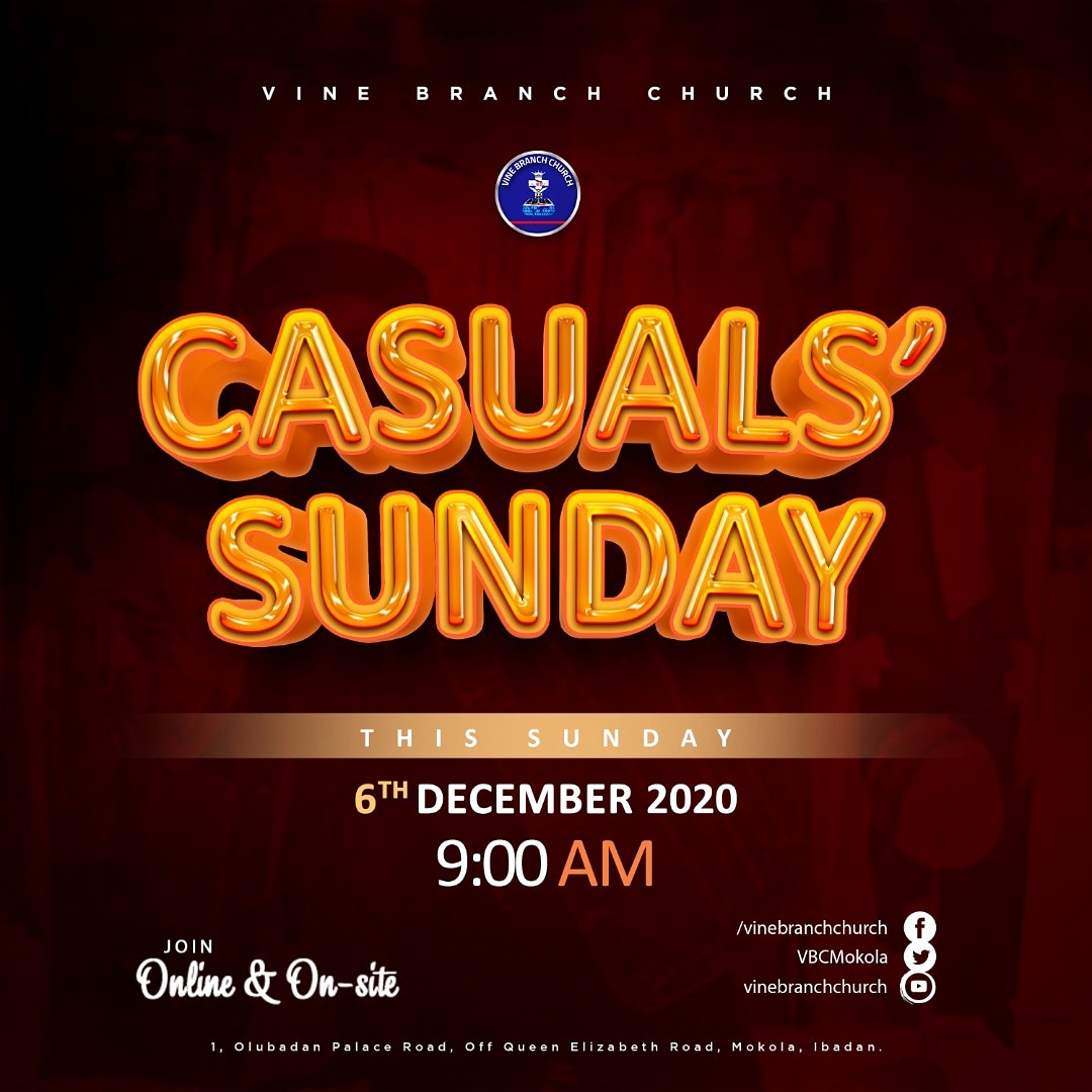 VBCmokola's tweet photo. Casuals' Sunday 2020!

Flip the switch on your outfit this Sunday.

Time to rock that Jean and sneakers to church...

Decent,  Classy and super Comfy.

Everyone is invited!

9am || This Sunday.

#CasualsSunday
#VBCservice
#VineBranchChurch https://t.co/9TRcBREKLl