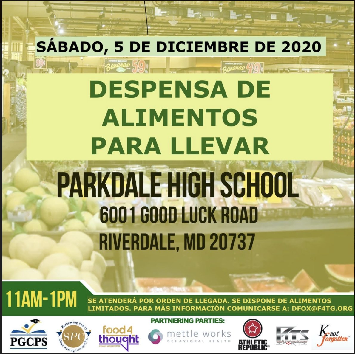PGCPSPartners's tweet image. (Please RT) #PGCPSPartner #Food4Thought is hosting a #GrabAndGo to provide relief today, from 11a.m.- 1p.m. @ParkdaleHighMD
located at 6001 Good Luck Rd, Riverdale, MD 20737. Join us today, while supplies last. @pgcps @glaroscouncil3 @CouncilmanDLD @MrsPRProtocol @Hawkins4PGC