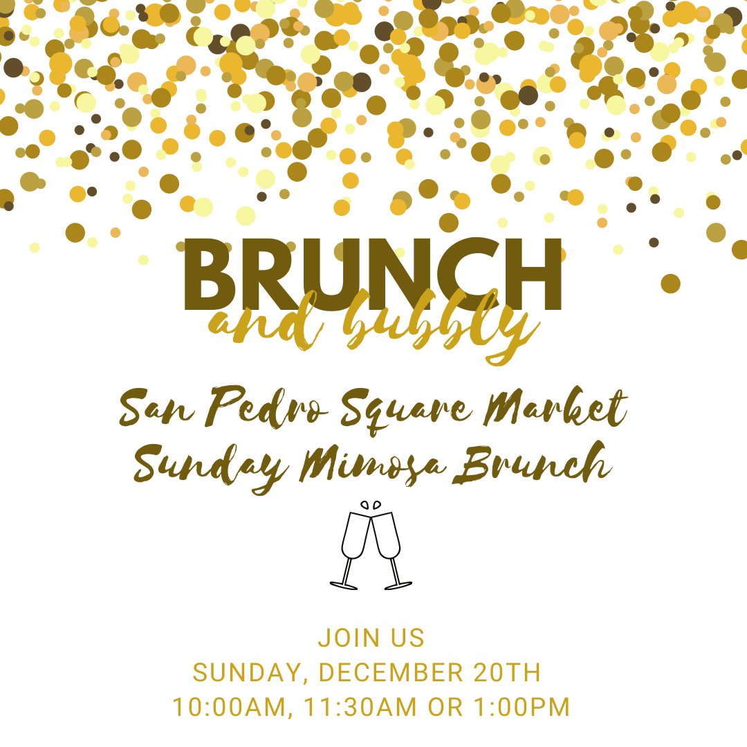 Please join us for our December monthly brunch at #SPSMarket filled with many tasty offerings from our vendors and bottomless mimosas!  Enjoy our plentiful outdoor seating with new tent and heaters.  Link to buy below...Look forward to seeing you! 

eventbrite.com/e/san-pedro-sq…