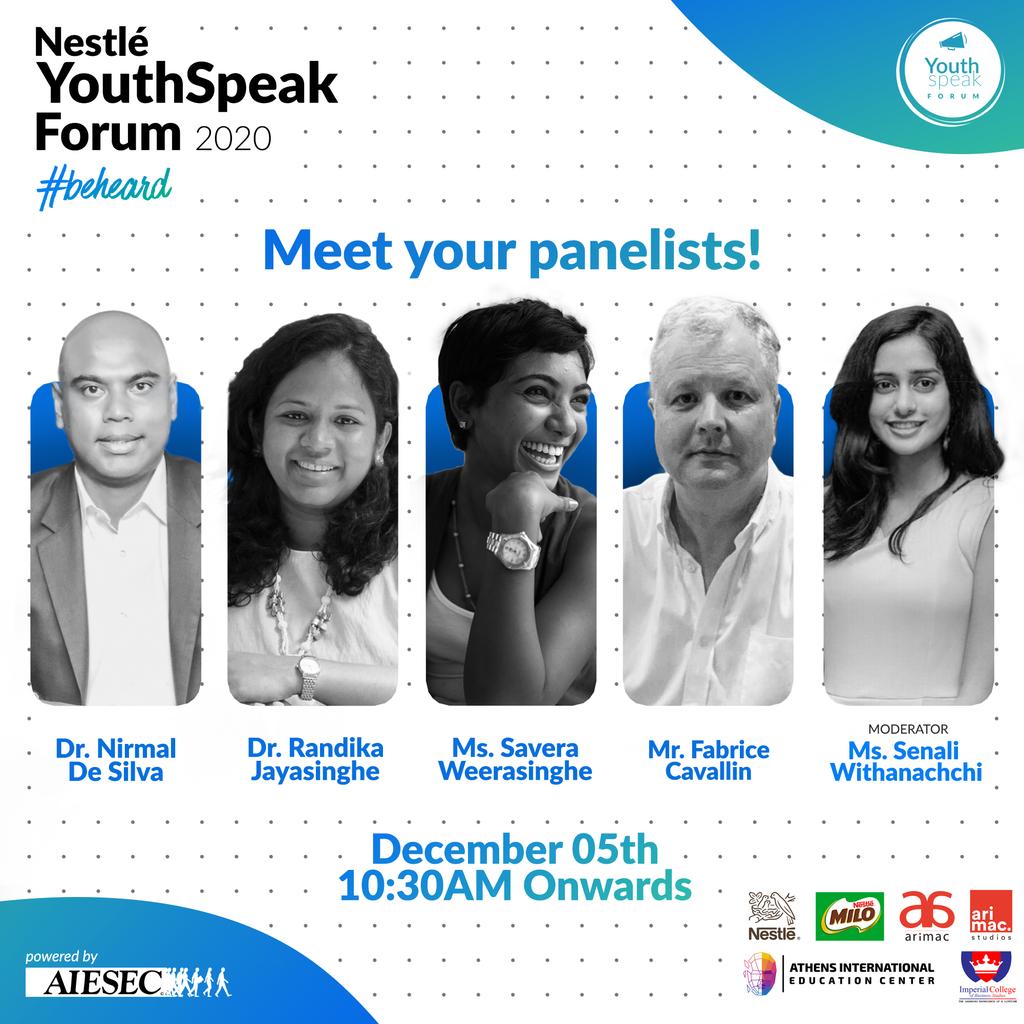 AIESEClk's tweet photo. Meet the panelists, Dr.Nirmal De Silva, Dr.Randika Jayasinghe, Ms.Savera Weerasinghe and Mr.Fabrice Cavallin and the session will be moderated by Ms.Senali Withanachchi.
#AIESEC #AIESEClk #AIESECwithNestlé #Nestlé #Milo #Arimac #YouthSpeak #beheard #Youth4GG #SDGs #GlobalGoals https://t.co/8W6mulv0Nh