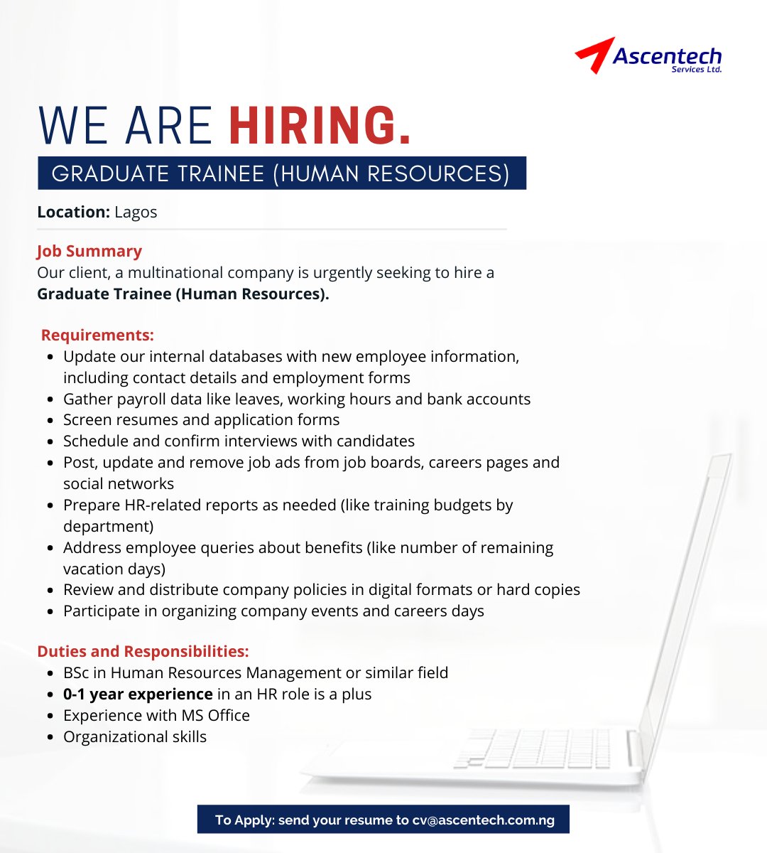 تويتر \ Ascentech Services على تويتر: "Our Client, A Multinational Company  Is Urgently Seeking To Hire A Graduate Trainee (Human Resources). To Apply;  Kindly Send Your Resume To Cv@Ascentech.com.ng. #Ascentechservices #Vacancy  #Nowhiring #