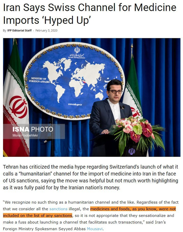 11)Reminders:-Iran's Foreign Ministry spokesperson: "... medicine & food, as you know, were not on any sanctions..."-Iran rejected international aid