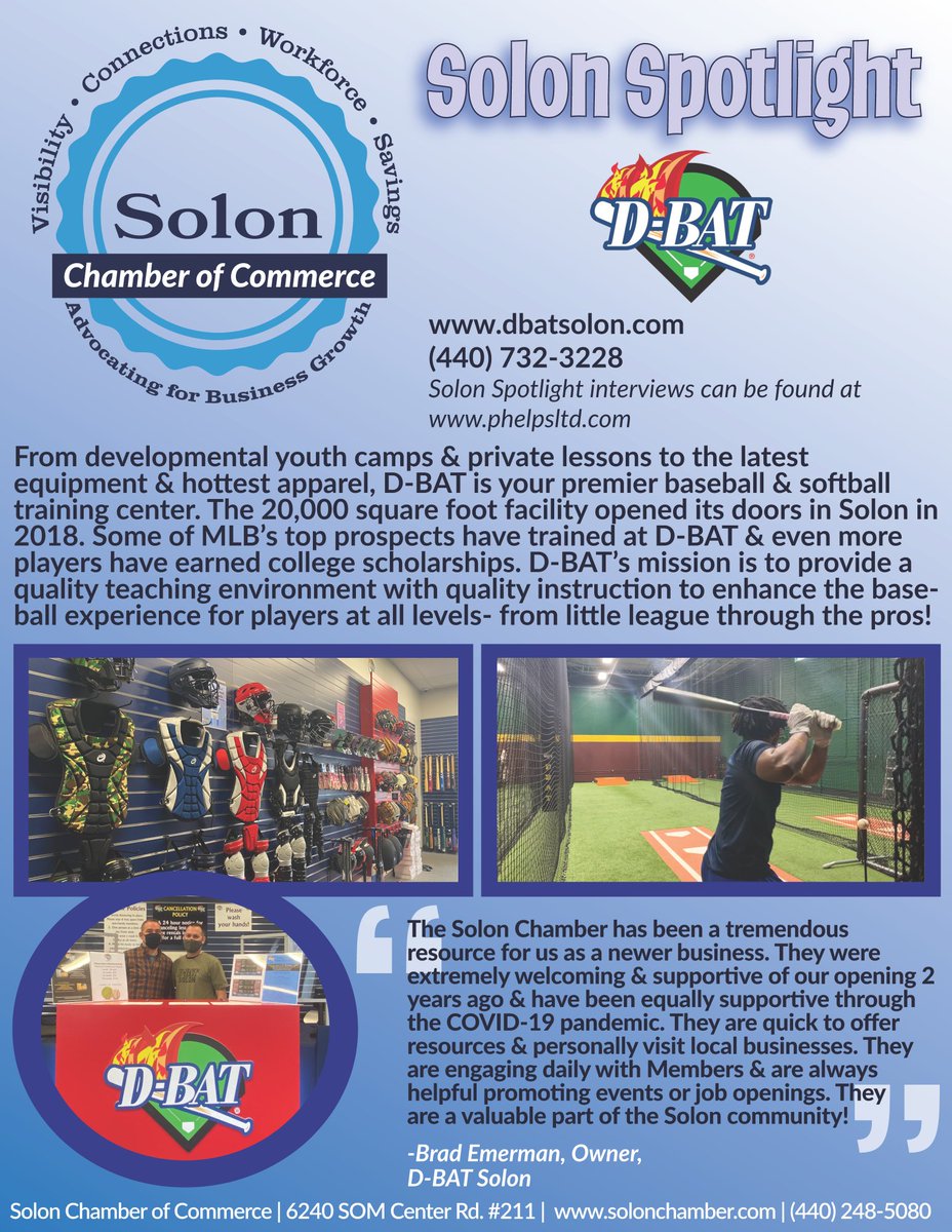 SolonChamberOH's tweet photo. #SOLON SPOTLIGHT:
From developmental youth camps & private lessons to the latest equipment & hottest apparel, @DbatSolon is your premier baseball & softball training center. The 20,000 square foot facility opened its doors in Solon in 2018. Some of MLB’s top prospects have https://t.co/RDzkVfTpm0