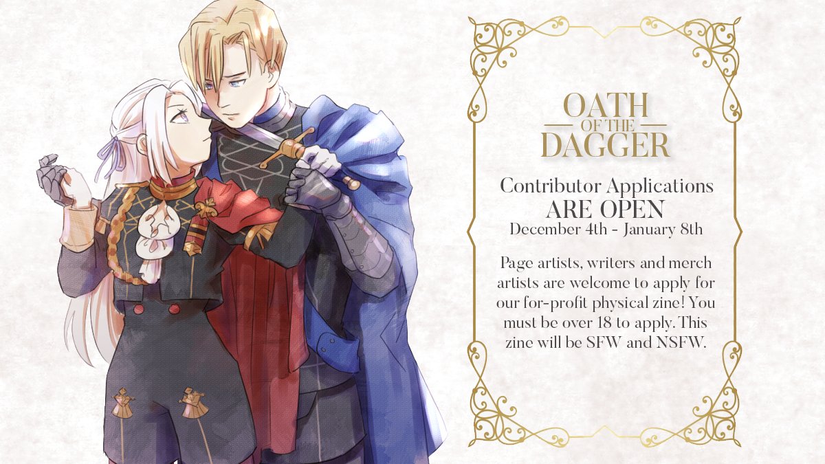 dimigardzine's tweet photo. The day has arrived! Applications for Oath of the Dagger, our physical zine, and Forgotten Friend, our digital zine, will be live until January 8th. All application and sign-up forms are linked in the thread below. 🗡️ Thank you for your support!
INFO DOC: https://t.co/weRtgEFL76 https://t.co/SKA7ckruXN
