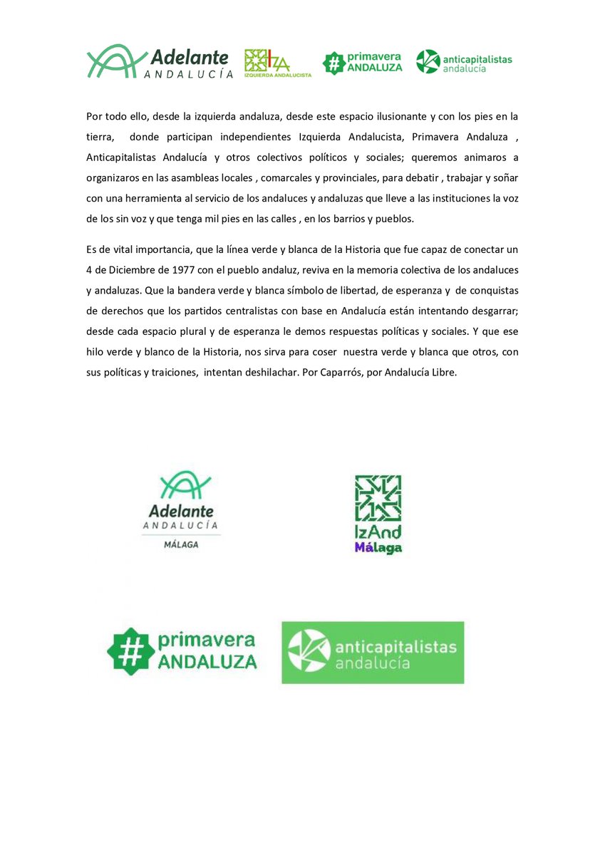 Porque hay que seguir construyendo una herramienta que vele por las gentes de Andalucía, las izquierdas andaluzas presentamos este manifiesto en la provincia de Málaga.

#4D #4DeDiciembre #Caparrós