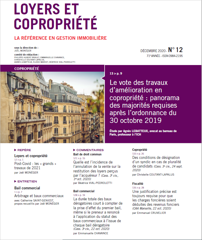 Un grand merci à nos auteurs @coutant_lapalus, B. Vial-Pedroletti, E. Marcet, E. Chavance, E. Cruvelier, J. Lafond pour ce très beau numéro de décembre, à A. Lebatteux pour son étude sur les travaux en copropriété, <a href="/catherineSaintG/">saint geniest</a> et <a href="/JoelMoneger/">Moneger</a> pour l'entretien sur l'arbitrage