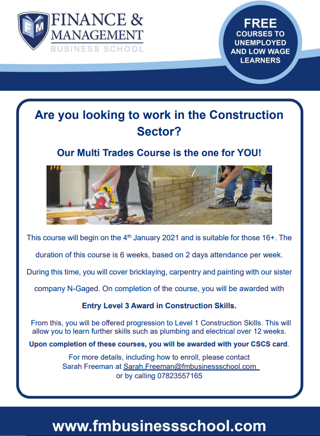 Are you looking to work in construction? 

Our Multi Trades course is the one for you. During this course, you will learn essential skills needed in the construction industry. For more information please visit our website or contact sarah.freeman@fmbusinessschool.com #Bristol