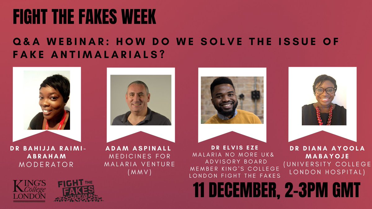 Join us next Friday to discuss how we can solve the issue of fake antimalarials. Tickets are available from: eventbrite.co.uk/o/kings-colleg…

#KingsFtF #fightthefakes #ftf #KCLFtF #KingsFighttheFakes #FTFweek #FreeFromFakes #malaria #MalariaMustDie