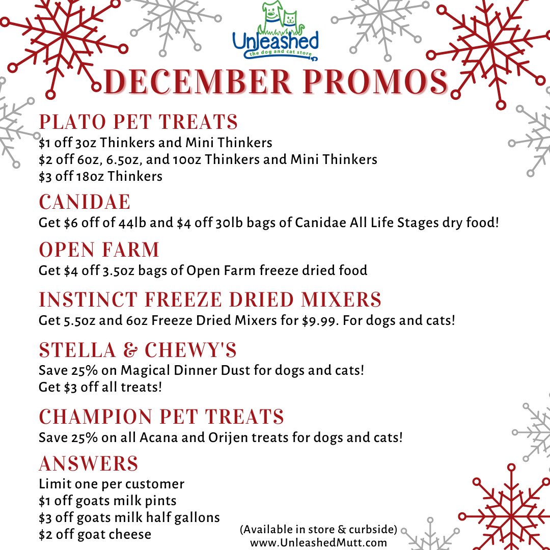 Unleashed_SH's tweet image. We’ve got some great deals this December, in time for the Holiday season! 🎁 We’ve got deals from @PlatoPetTreats, @CanidaePetFood, @openfarmpet, Instinct, @stellaandchewys, @ACANAPetfood, @ORIJENPetfood, @AnswersPetFood! 🐶⛄😺
 
#shoplocalraleigh #unleashedthedogandcatstore