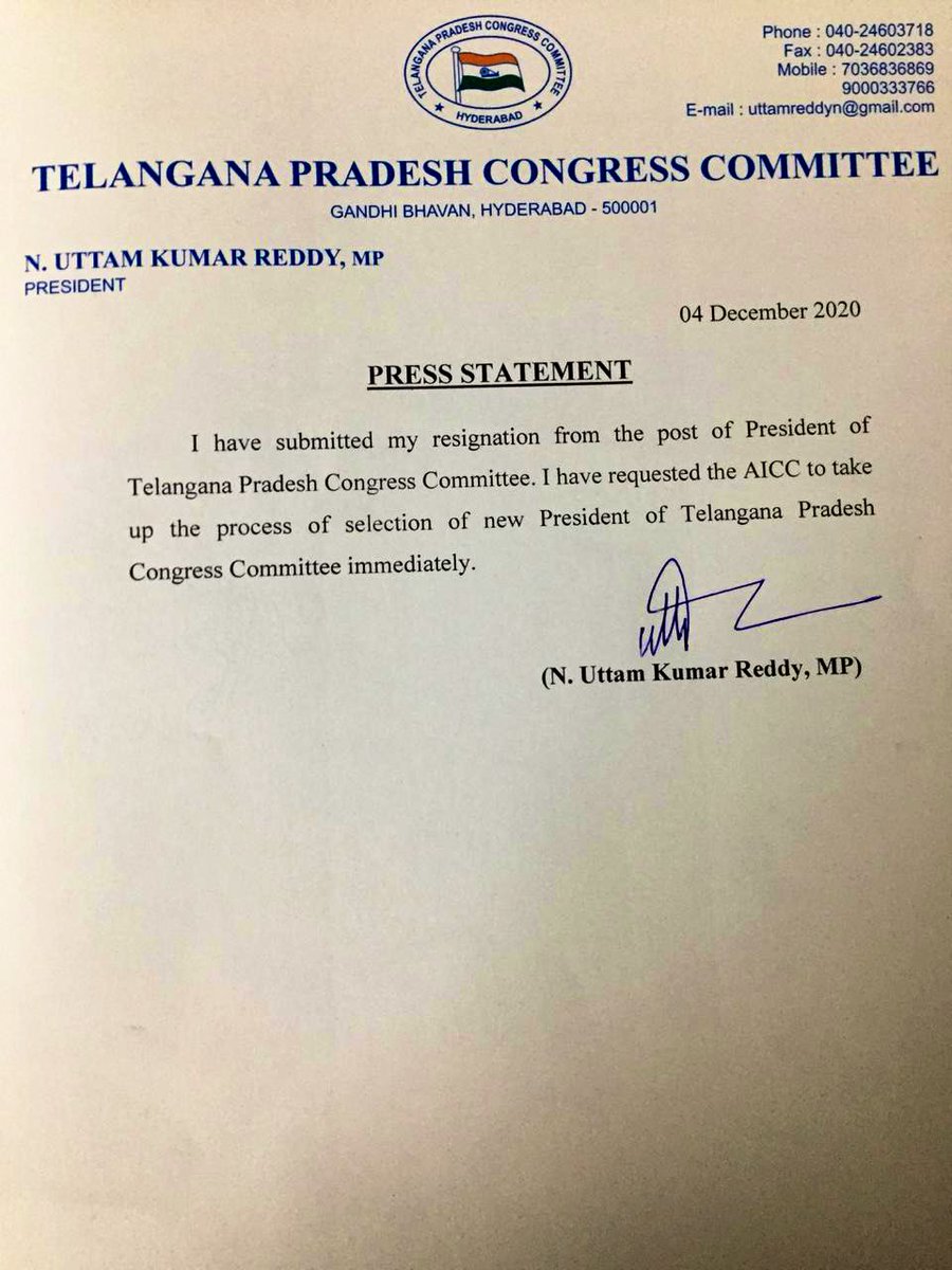 Telangana Congress chief Mr Uttam Kumar Reddy resigns after loss in #HyderabadElection