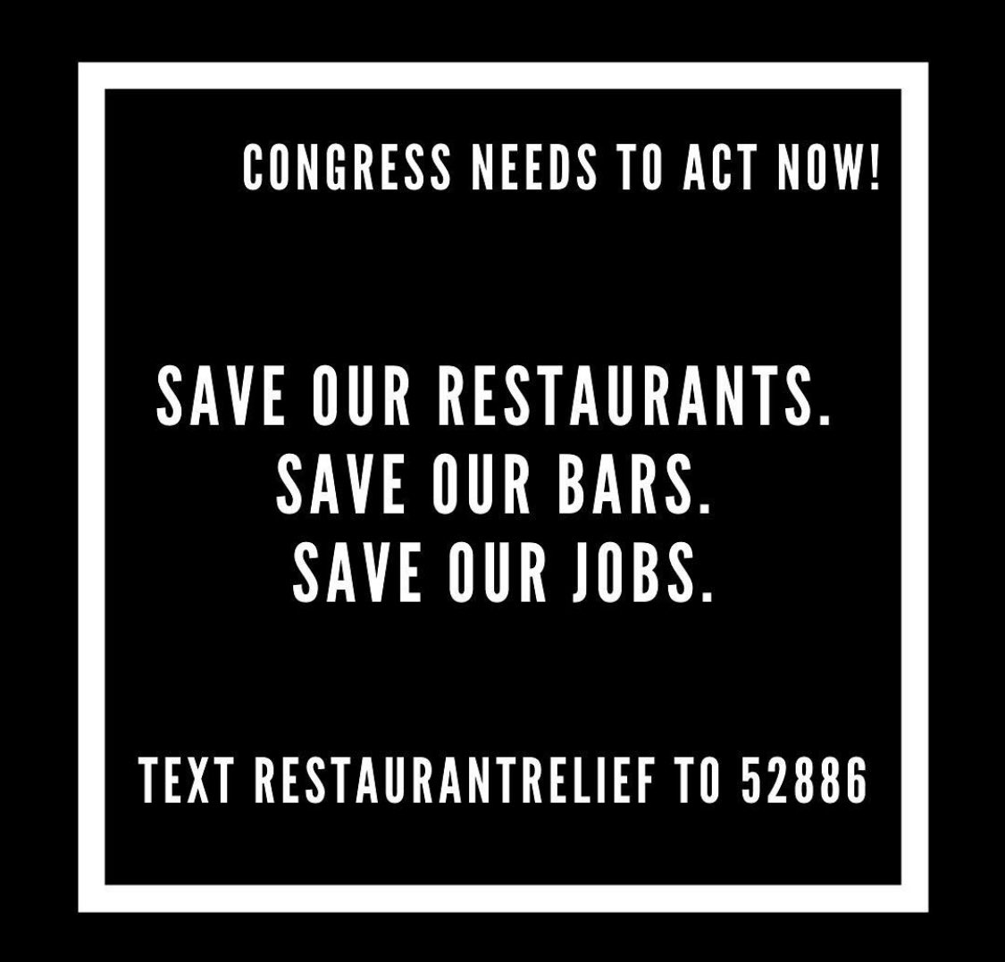 The hospitality industry and local businesses are in trouble. Tell congress we need relief now! #SaveOurRestaurants #SaveOurBars #SaveOurJobs