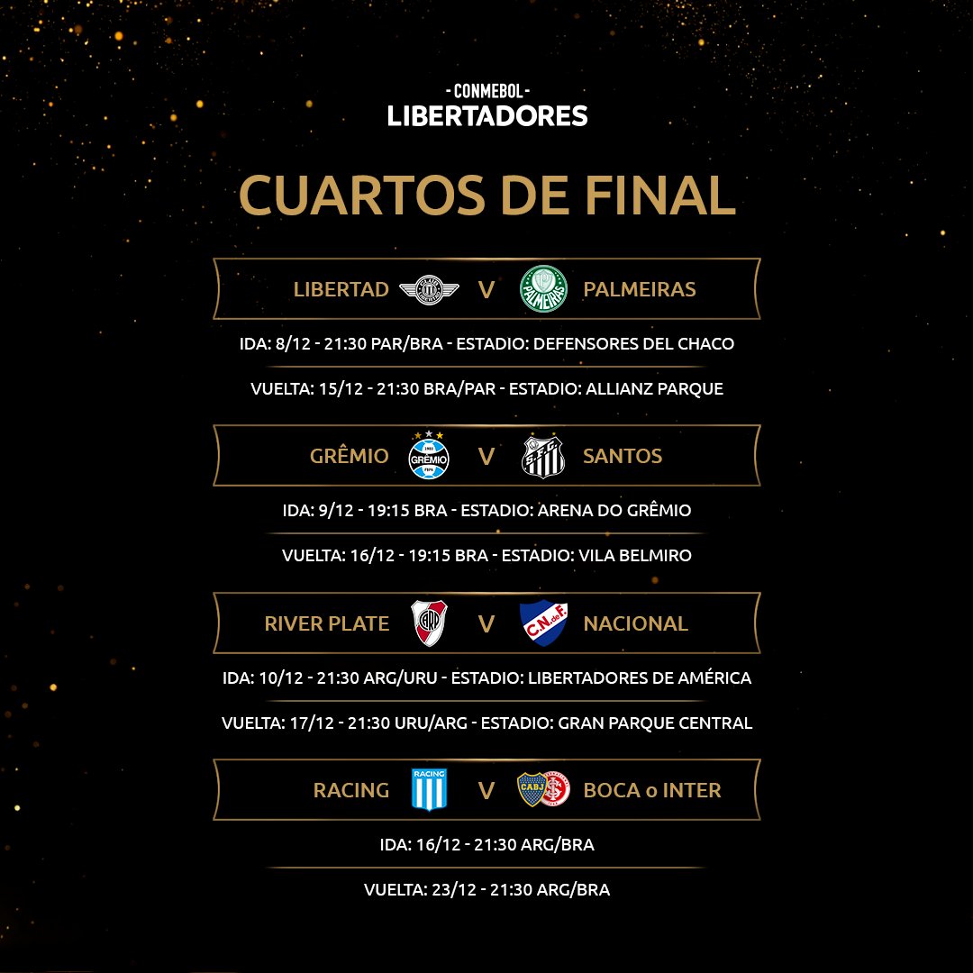 Conmebol Libertadores On Twitter El Fixture Dias Y Horarios De Los Cuartos De Final De La Libertadores Que Comienzan El Martes Proximo Gloriaeterna Https T Co Frogggcsea